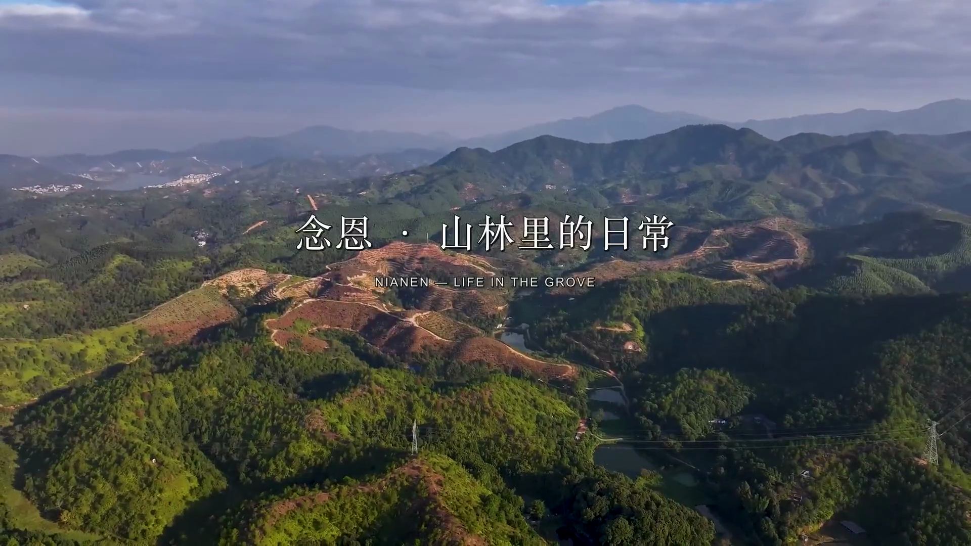 山林航拍片头封面：层叠山峦、林冠和水面，文字“念恩·山林里的日常”。